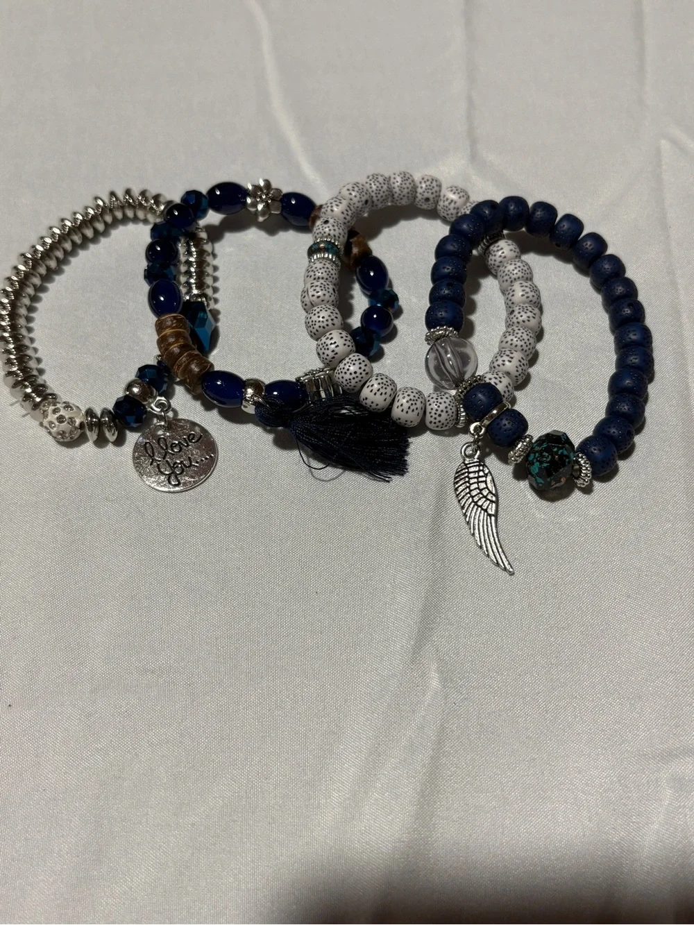 Blue & White Boho Bracelet Stack Set | Silver Angel Wing & Love You Charm | Laye